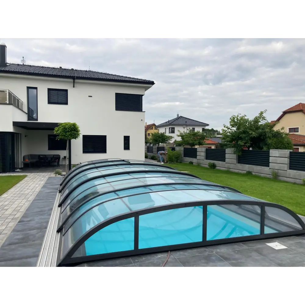 Blåtonad pooltak Dallas 3x6 i klar kanalplast med svart ram