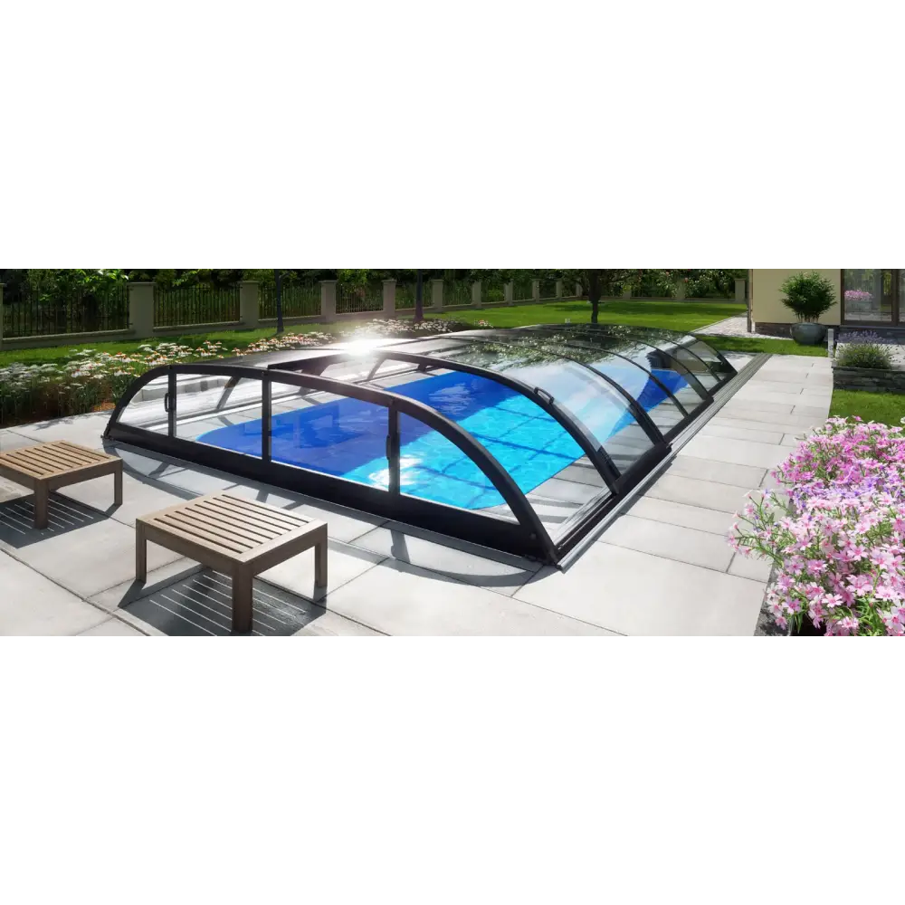 Pooltak Dallas 3x6 i klar kanalplast över blå pool