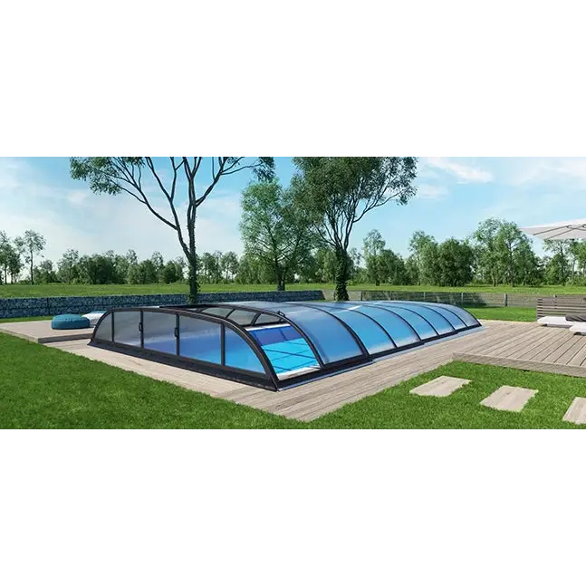 Pooltak Dallas 3x6 i klar kanalplast med blå böjd glas och svart ram