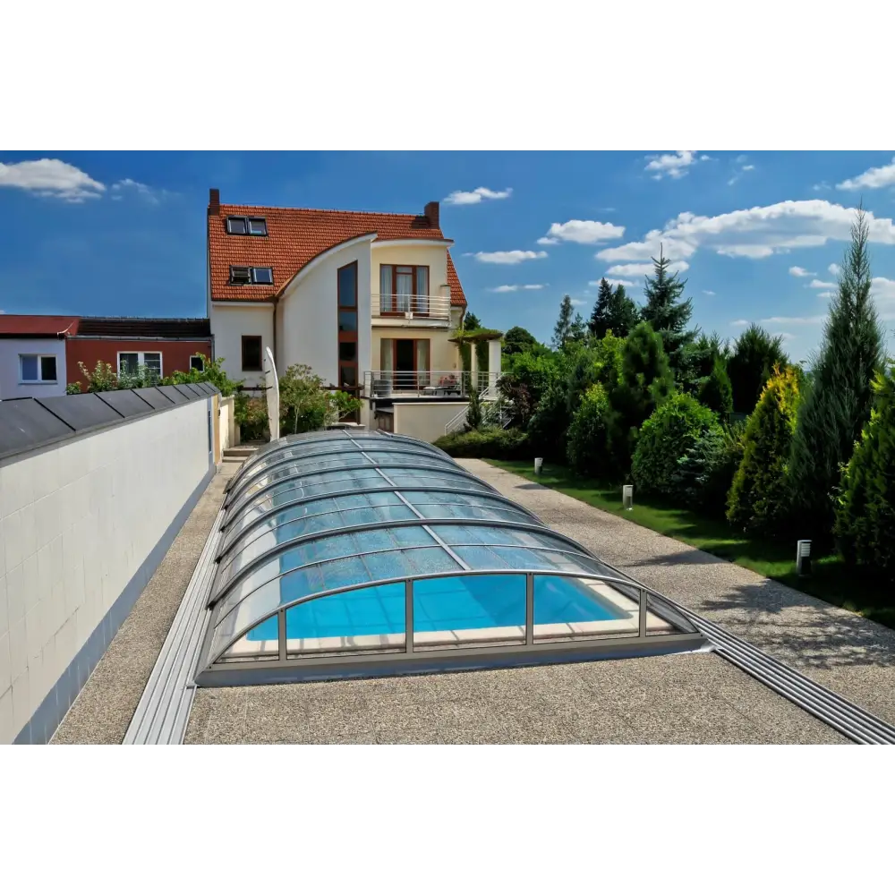 Pooltak Dallas 3x6 i klar kanalplast med glas och metall