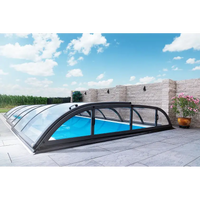 Pooltak Dallas med svart ram och glas över blå pool