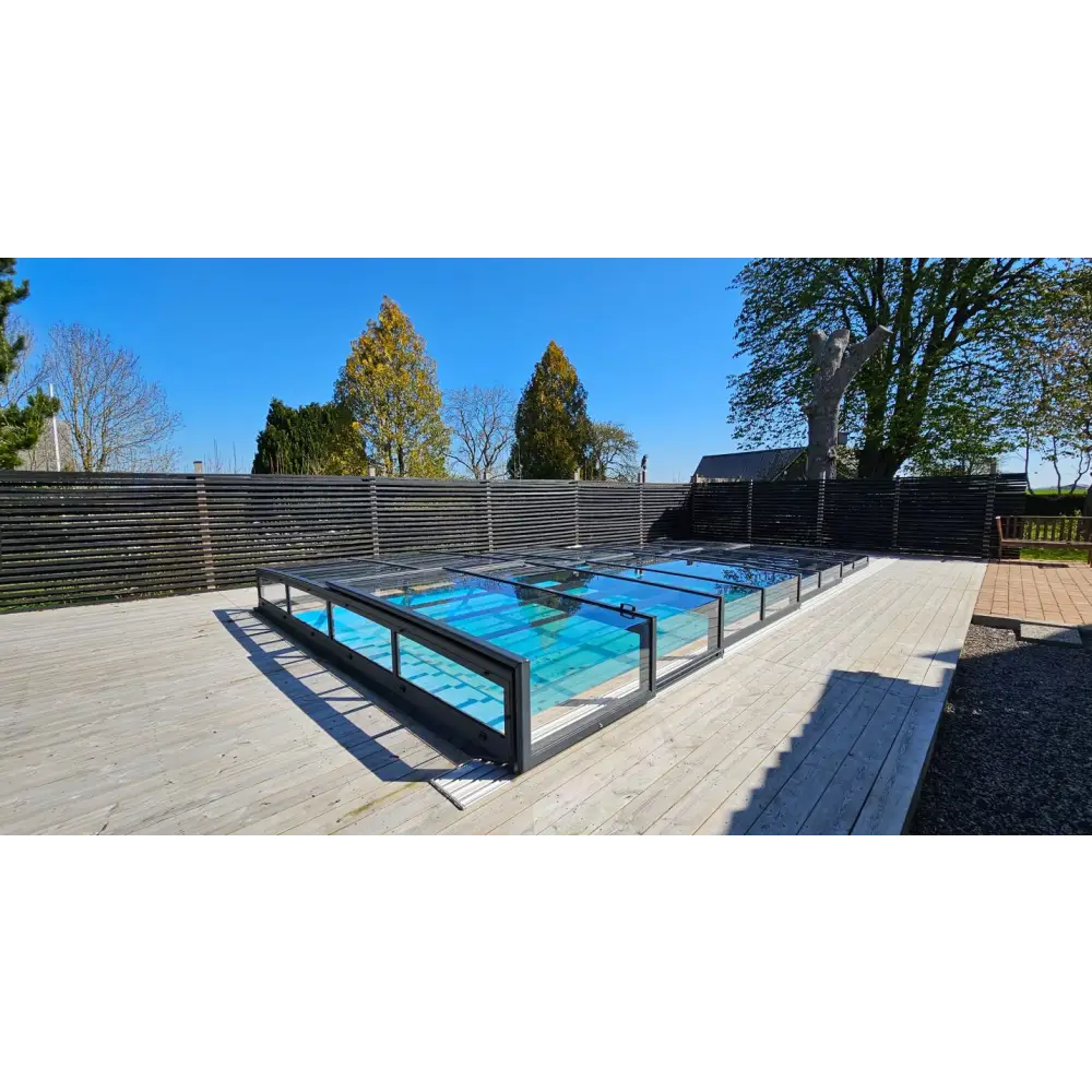 Moderna glas Pooltak Icon Kit för inomhuspool med svart ram