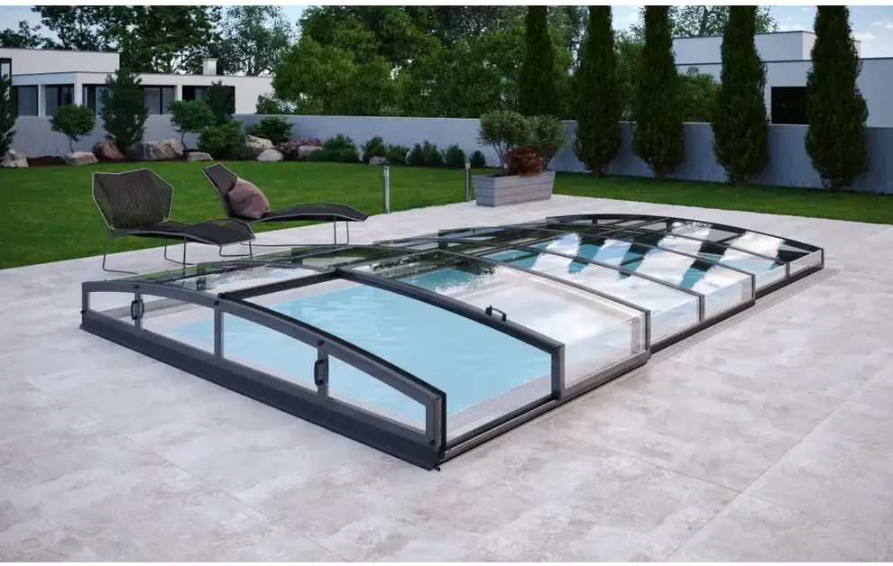 Pooltak Infinity med extra starka profiler i modernt glas och svart ram