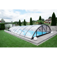 Elegant bågformat pooltak med extra starka profiler i glas och svart metall