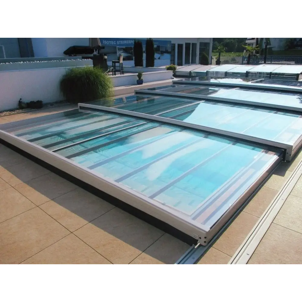 Modernt glas pooltak Mästare Plus med vit ram och ränder, 3x6 m