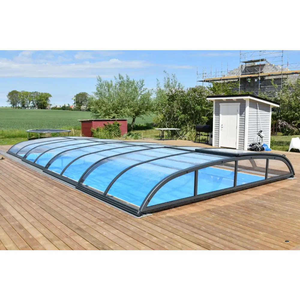 Blått glas pooltak Nivo Kit 750B med modern bågad design