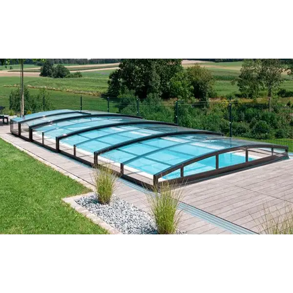 Modern pooltaket special curved glass pool cover in RAL7016 antracit profiler