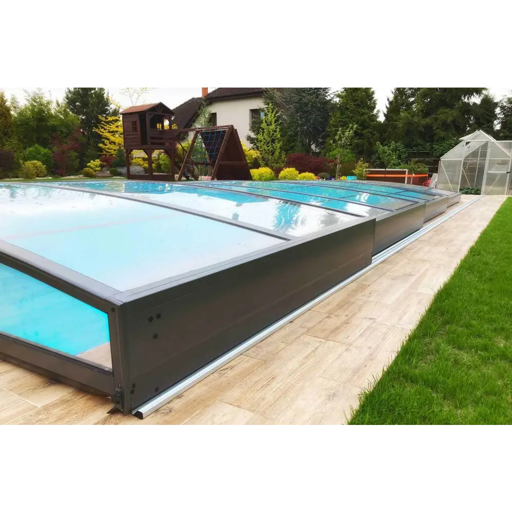 Elegant pooltak Sydney med enkelskena antracit, modern grå metallram med glas