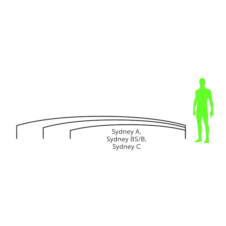 Minimalist svart linjeritning av Sydney 3x5 pooltak med sittplatser och figur