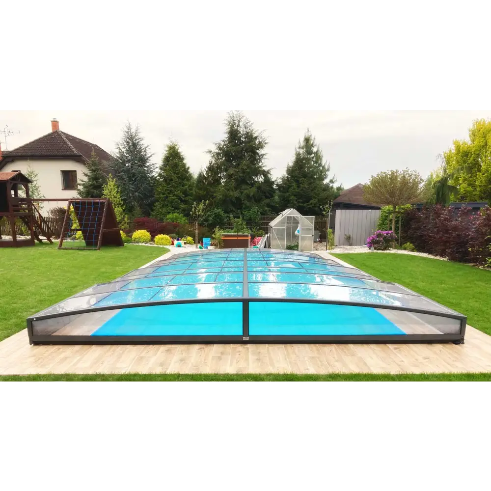 Elegant Pooltak Sydney 3x5 med transparent glas, klar pooltäckning med svart metallram