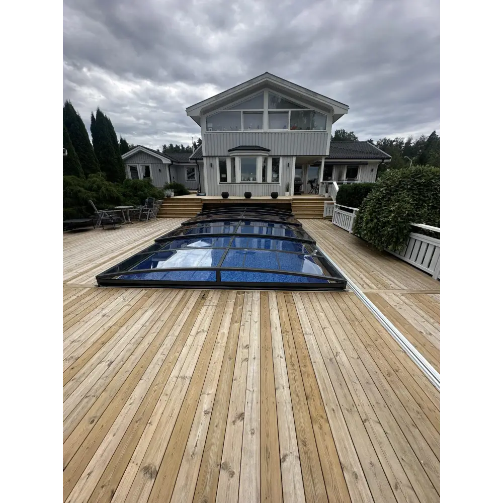 Pooltak Sydney med enkelskena antracit på ena sidan, transparent glastak