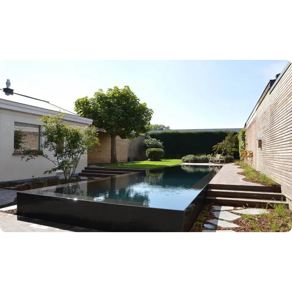 Snygg rektangulär Infinitykant ovanmark PP pool med 20mm skimmer och svart glansig yta