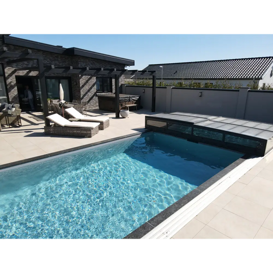 Pooltime Exclusive PP-Pool, 12 mm – 2,6 x 6 x 1,5 m, rechteckige Form, klares blaues Wasser, schwarz geflieste Ränder, Pool und Poolüberdachung kaufen