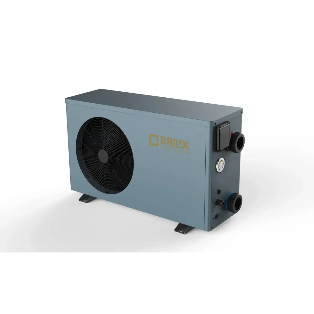 Grå Brilix XHPFDPLUS 15kW R32 poolvärmepump med svart fläkt och rör