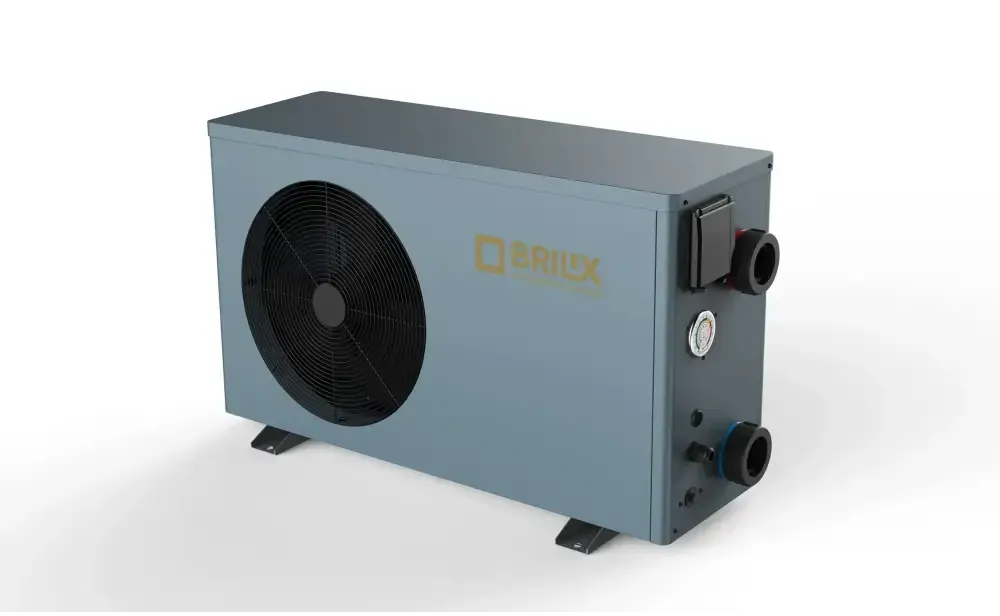 Graue rechteckige Brilix XHPFDPLUS Pool-Wärmepumpe, 5 kW R32, mit schwarzem Ventilator und seitlichem Rohr