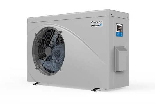 Graue Pahlén Calidi XP10 Luft-Wasser-Wärmepumpe für den Außenbereich mit rundem Lüftergitter und Digitalanzeige