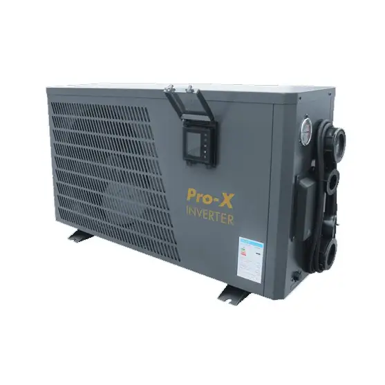 Grå PRO-X inverter poolvärmepump 12kW med ventilerad panel, tryckmätare och svart rör