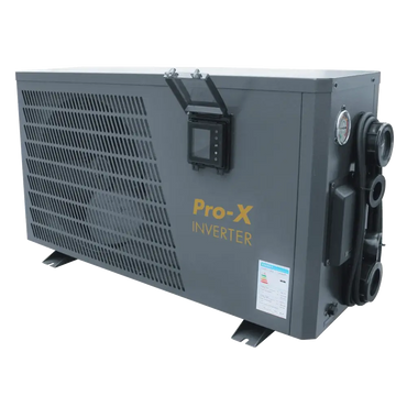 Grå PRO-X inverter 12kW poolvärmepump med display, tryckmätare och slanganslutningar