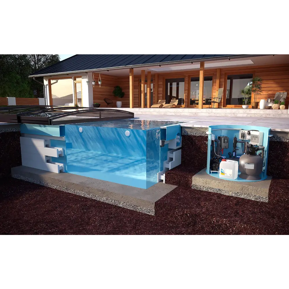 Blåvit underjordisk poolfiltrering för ekonomisk beredskap i modern villa