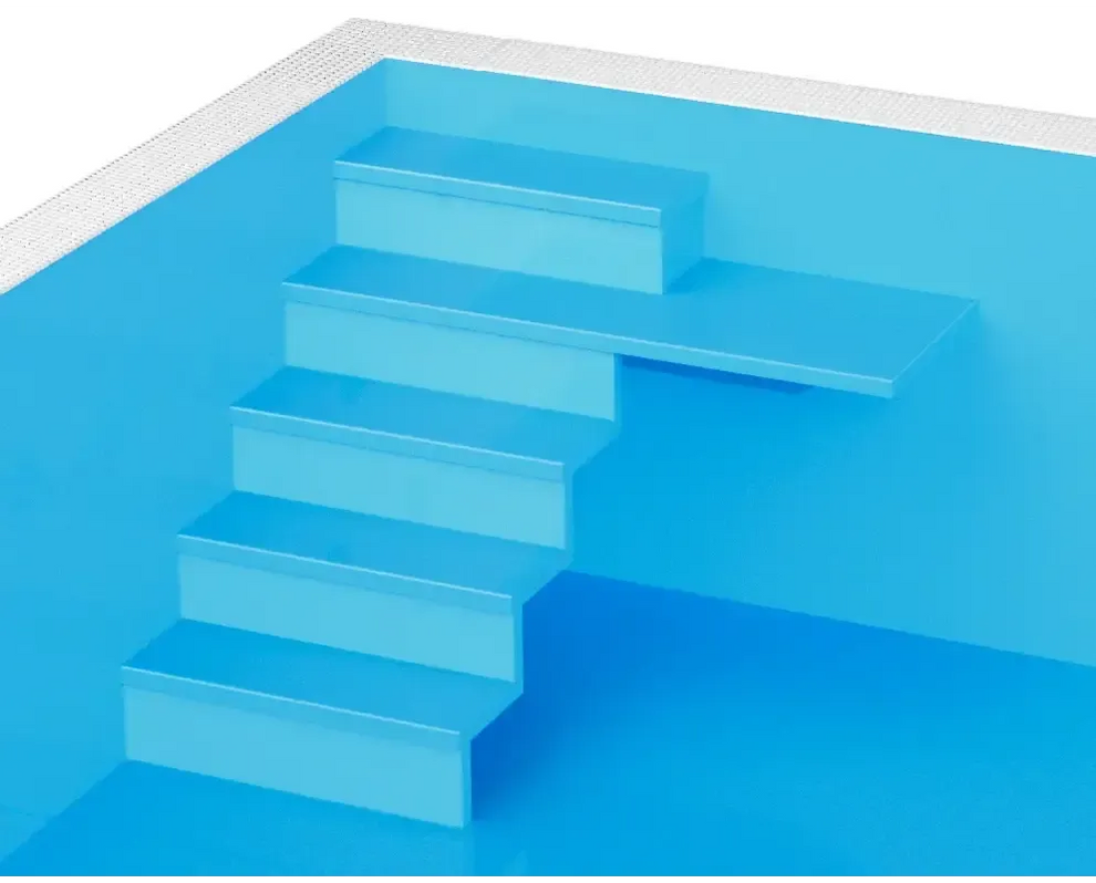 Blå pooltrappa i Thermopp Poolpaket Qbig, slät och minimalistisk design