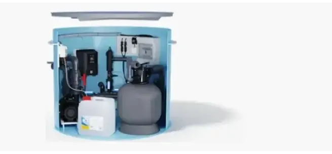 Ljusblå poolfiltrering i Thermopp Poolpaket Qbig med sandfilter och pump