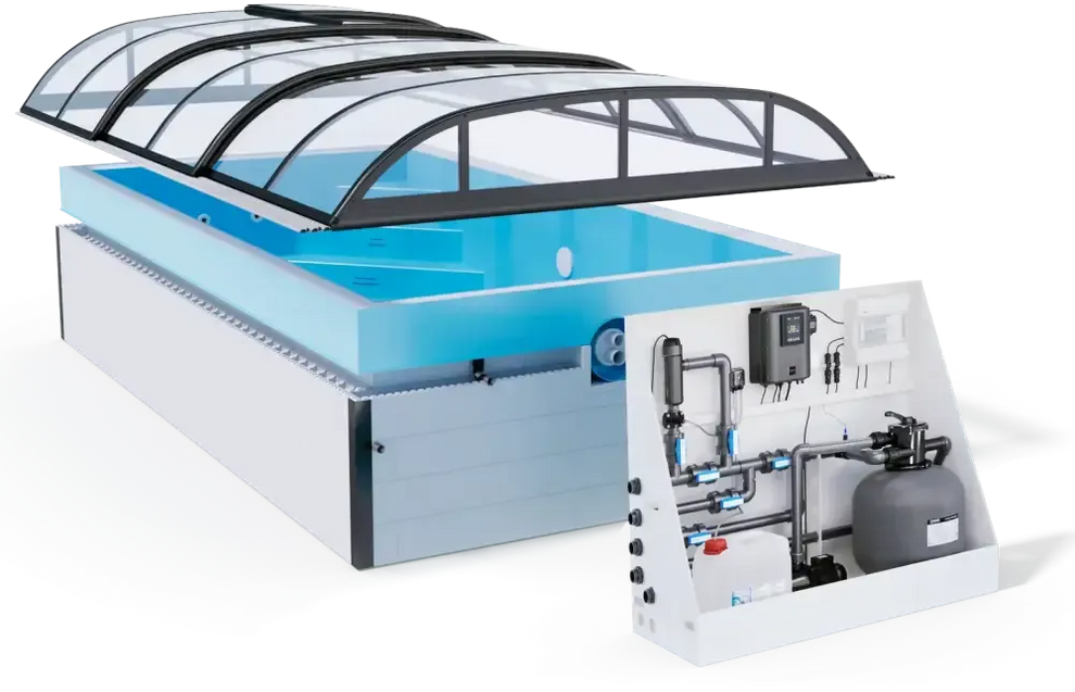 Modern vit pool med Thermopp Poolpaket Qbig och glasvalmat tak