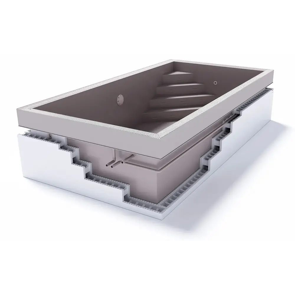 Grå rektangulär poolpaket Qbig Overflow med trappor och texturerad yta