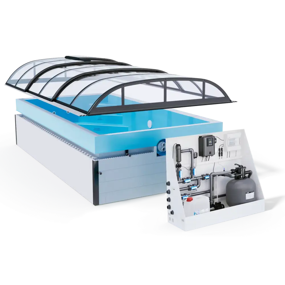 Modern Poolpaket QBIG Overflow med turkost vatten och svart ram