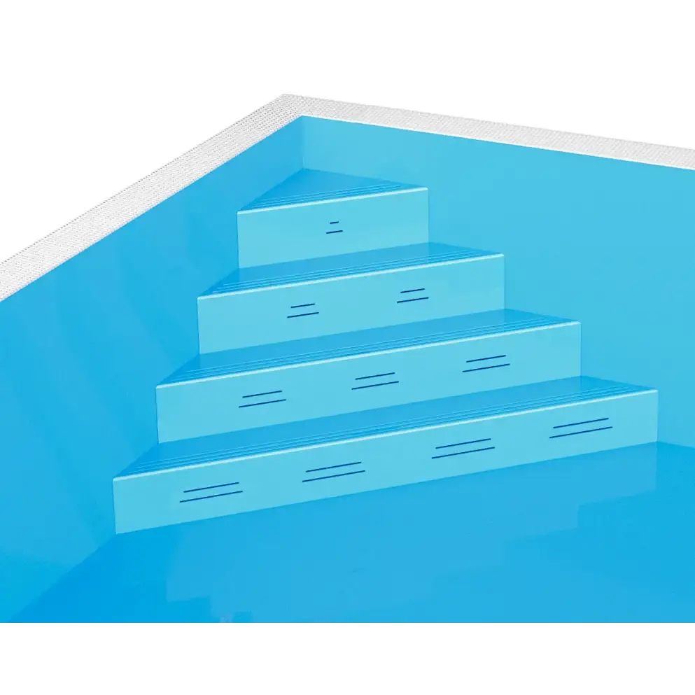 Blå pooltrappor med räfflor i Poolpaket Qbig Overflow och turkost vatten