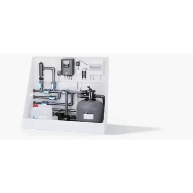 Grått cylindriskt sandfilter i Poolpaket Qbig Overflow med turkost vatten och svart ram