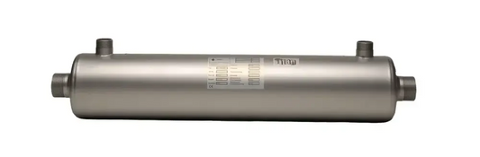 Silberfarbener Titan-Wärmetauscher mit Therm-Kennzeichnung für maximale Energieeffizienz